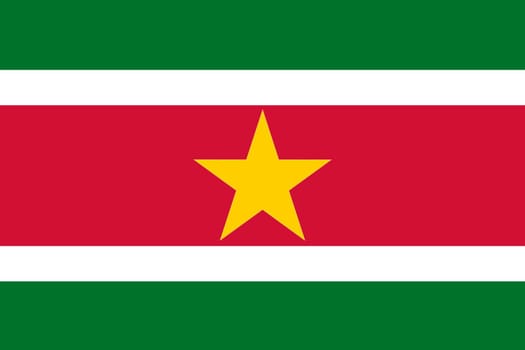 Flag of Suriname. Surinamese flag on fabric surface. Fabric texture. National symbol. Republic of Suriname. Surinamese national flag