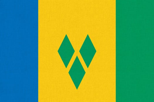 Flag of Saint Vincent and the Grenadines. Saint Vincent and the Grenadines flag on fabric surface. Fabric Texture. National symbol. Caribbean country. Island country. 3 D illustration