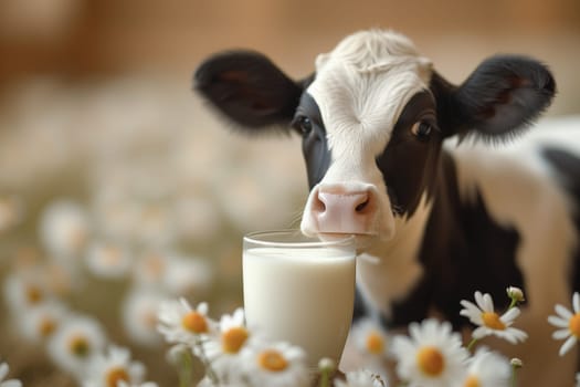 Cow with a glass of milk on a meadow, animal welfare in industry, dairy product, agriculture and production