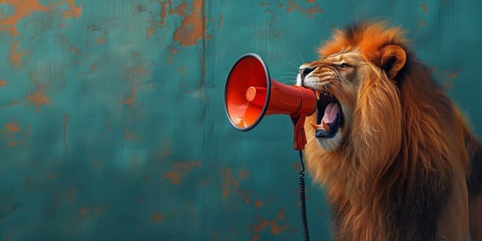 Lion with loudspeaker megaphone, advertising and marketing concept, social media, announce sale or promotion