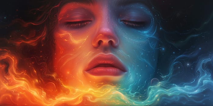 Consciousness of mind, woman with rainbow colored spiritual waves, positive thinking, self identidy and imagination