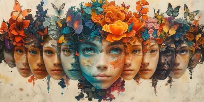 Human mind with flowers, positive consciousness and thinking, creativity, self esteem and mental health concept, be different