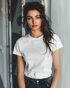 Women's White Short Sleeve Round Neck T-Shirt Mockup It is a useful tool for clothing designers to help visualize T-shirts before actual production Save time and money and makes it easier to decide.