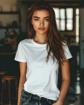 Women's White Short Sleeve Round Neck T-Shirt Mockup It is a useful tool for clothing designers to help visualize T-shirts before actual production Save time and money and makes it easier to decide.