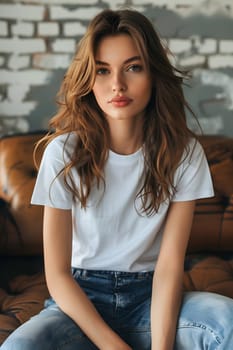 Women's White Short Sleeve Round Neck T-Shirt Mockup It is a useful tool for clothing designers to help visualize T-shirts before actual production Save time and money and makes it easier to decide.