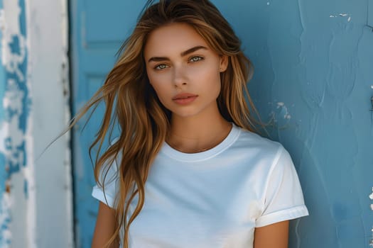 Women's White Short Sleeve Round Neck T-Shirt Mockup It is a useful tool for clothing designers to help visualize T-shirts before actual production Save time and money and makes it easier to decide.