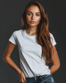 Women's White Short Sleeve Round Neck T-Shirt Mockup It is a useful tool for clothing designers to help visualize T-shirts before actual production Save time and money and makes it easier to decide.