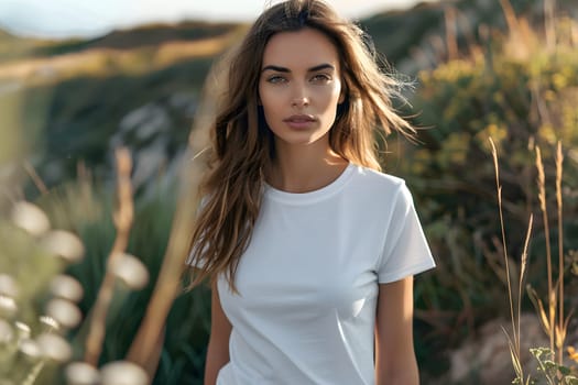 Women's White Short Sleeve Round Neck T-Shirt Mockup It is a useful tool for clothing designers to help visualize T-shirts before actual production Save time and money and makes it easier to decide.