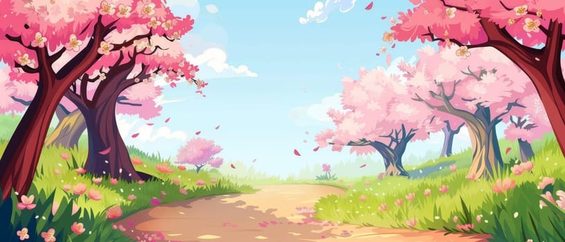 A picturesque animated scene depicting a vibrant path under cherry blossom trees, petals gently falling in the breeze. The lush green grass and clear blue skies create an atmosphere of serene beauty.