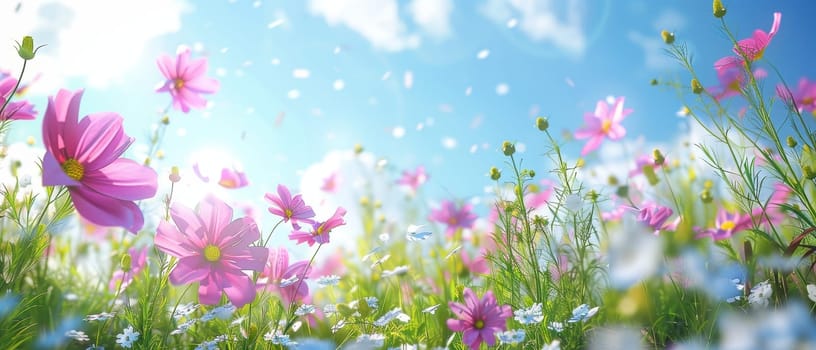 A field of pink cosmos flowers sways under a clear blue sky, giving the impression of a tranquil, ethereal dreamscape.