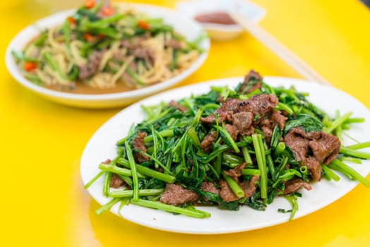 Taiwanese local food store vegetable fry with the beef
