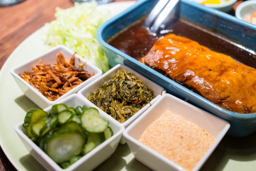 Asian cuisine with braised pork belly