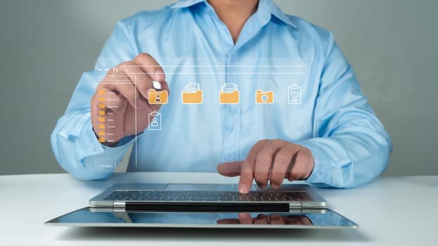 Document Transferring concept, Folder document Management System DMS Open File folder with flying blank documents with computer. Data transfer backup, File Sharing, searching and managing files.