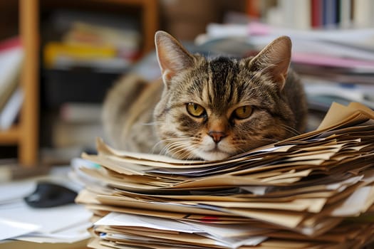 cat in an office, overwhelmed by a mountains of paperwork. Neural network generated in January 2024. Not based on any actual scene or pattern.