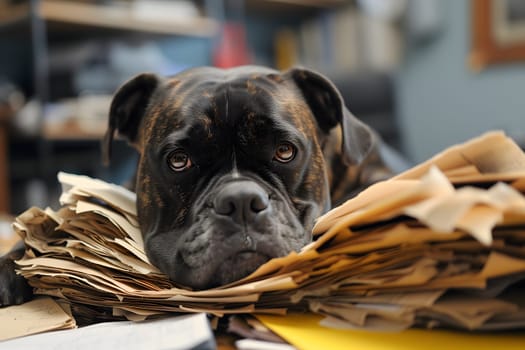 dog in an office, overwhelmed by a mountains of paperwork. Neural network generated in January 2024. Not based on any actual scene or pattern.