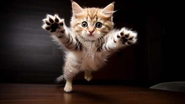 Playful kitty attempting a flying leap with legs akimbo