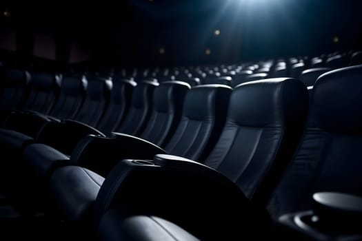 Empty black seats in cinema, domestic intimacy, zoom in, up close. Neural network generated in January 2024. Not based on any actual scene or pattern.