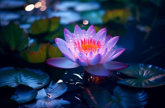 Delicate Water lily magical flower. Bloom plant nature exotic purple flowers. Generate Ai