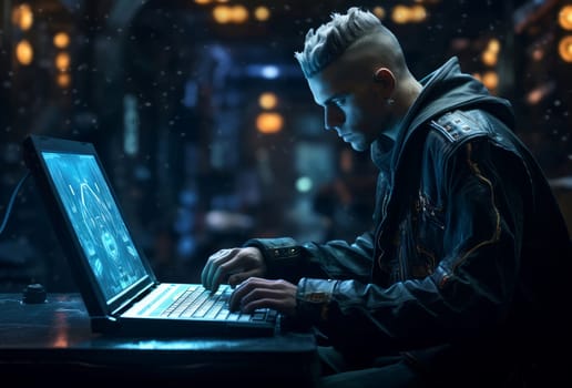 Nocturnal Male cyberpunk wearing hoodie. Hacker guy programming online on laptop. Generate ai