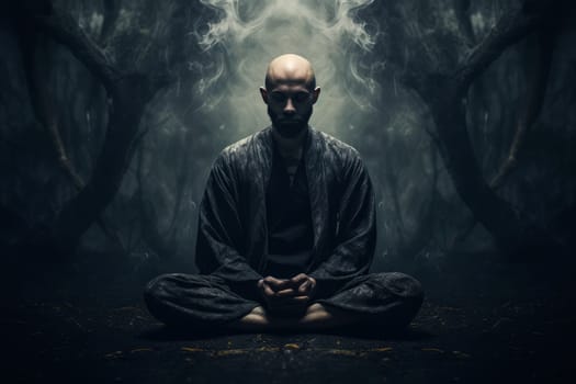 Spiritual Man meditation dark. Calm person. Generate Ai