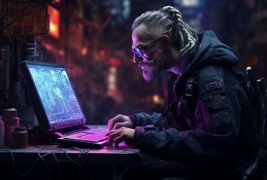 Intriguing Male cyberpunk wearing hoodie. Hacker guy programming online on laptop. Generate ai