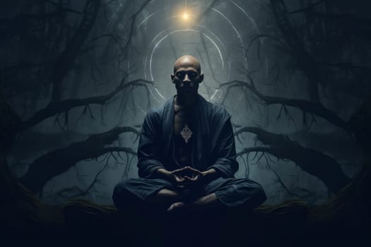 Tranquil Man meditation dark. Calm person. Generate Ai