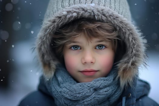 Youthful Portrait of boy in blue winter clothes. Little child posing in warm clothing on breeze background. Generate ai