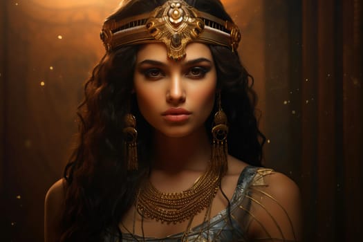 Cleopatra portrait. Woman gold costume. Fictional person. Generate Ai