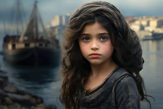 International girl sea port. Marina ocean girl. Generate Ai