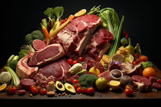 Uncooked Raw meat vegetable food. Cooking various. Generate Ai