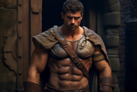Striking Man muscular medieval photo shot. Beard person. Generate Ai