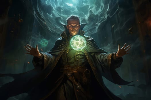 Cloaked Mage adult man fantasy dungeon. Wizard power. Generate Ai