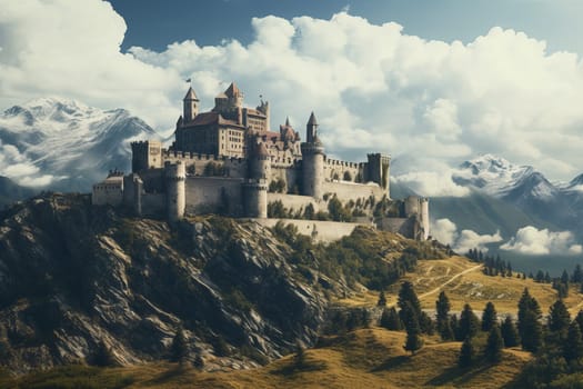 Ornate Medieval castle building. Forest old palace. Generate AI