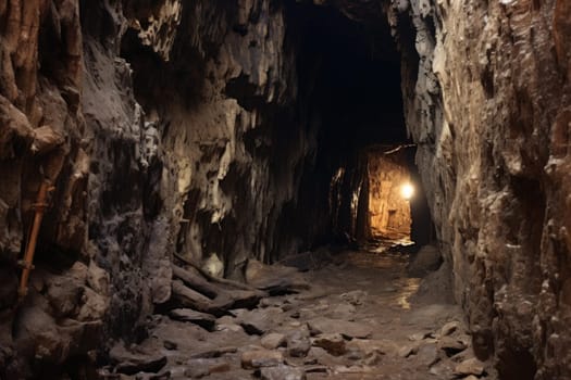 Abandoned Mine tunnel cave railway. Rock dark mineral. Generate Ai