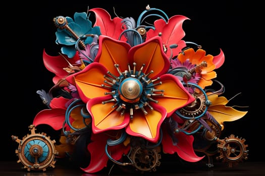 Steampunk-inspired Mechanical flowers. Metal steel sky. Generate Ai