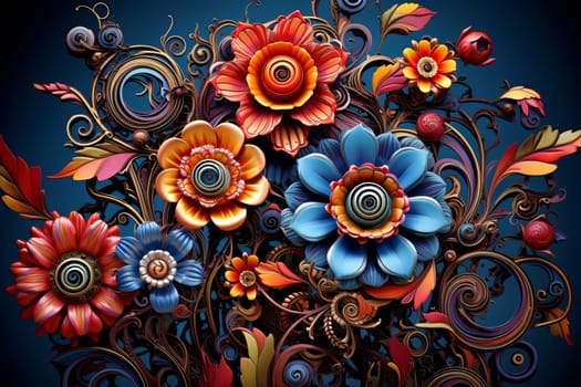Kinetic Mechanical flowers. Metal steel sky. Generate Ai