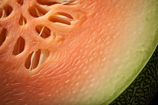 Refreshing Melon half closeup. Fruit leaf ripe raw diet. Generate Ai
