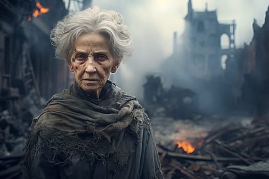 Brave Military senior woman ruined city. Wreck destroyed. Generate Ai