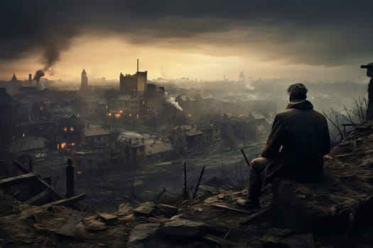 Resilient Military old man ruined city. Street war. Generate Ai