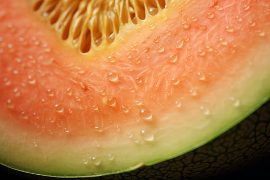Ripe Melon half closeup. Fruit leaf ripe raw diet. Generate Ai