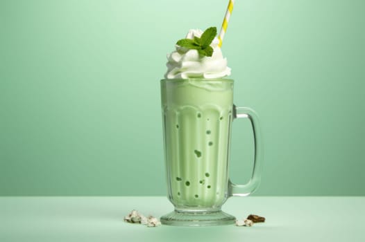 Cooling Mint leaves on milkshake glasses. Sweet dairy party dessert. Generate Ai