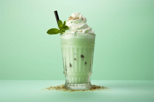 Decorative Mint leaves on milkshake glasses. Sweet dairy party dessert. Generate Ai