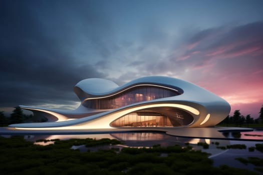 Dynamic Modern architecture facade wave style. New shape geometry edifice. Generate Ai