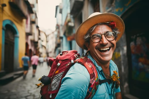 Cheerful tourist selfie. City fun. Generate Ai