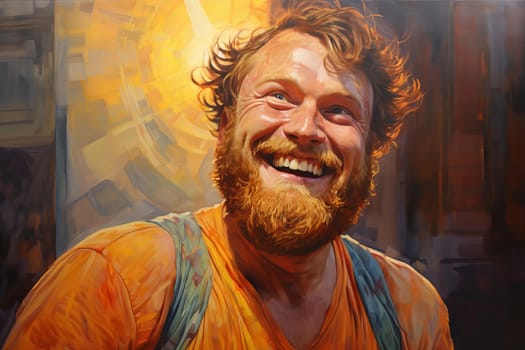 Joyful Portrait of cheerful chunky man sitting in pub. Smiling man holding glass of beer. Generate ai