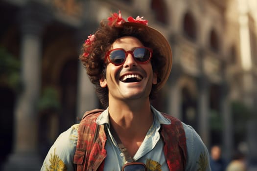 Adventurous Cheerful tourist selfie. City fun. Generate Ai