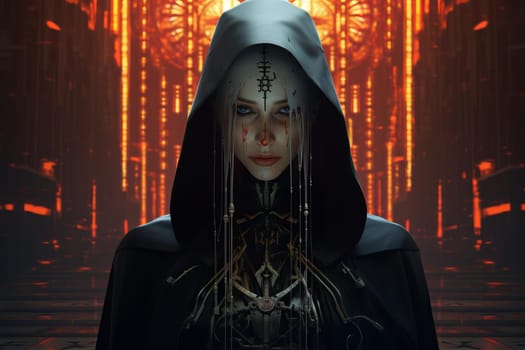 Futuristic Portrait of cyberpunk nun. Futuristic female holy character fantasy. Generate ai
