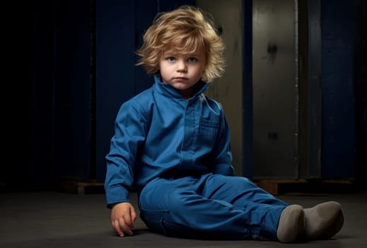 Secure Modern child underground bunker. Blue jumpsuit. Generate Ai