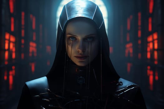 Spiritual Portrait of cyberpunk nun. Futuristic female holy character fantasy. Generate ai