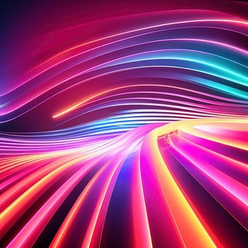 3d render. Abstract panoramic background of twisted dynamic neon lines, in wave form, glows in the dark space. Virtual fluorescent ribbon loop.